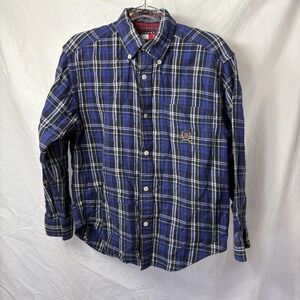 Vtg Tommy Hilfiger Kids Boys Button Up Blue White Plaid Shirt Sz 8/S Classic